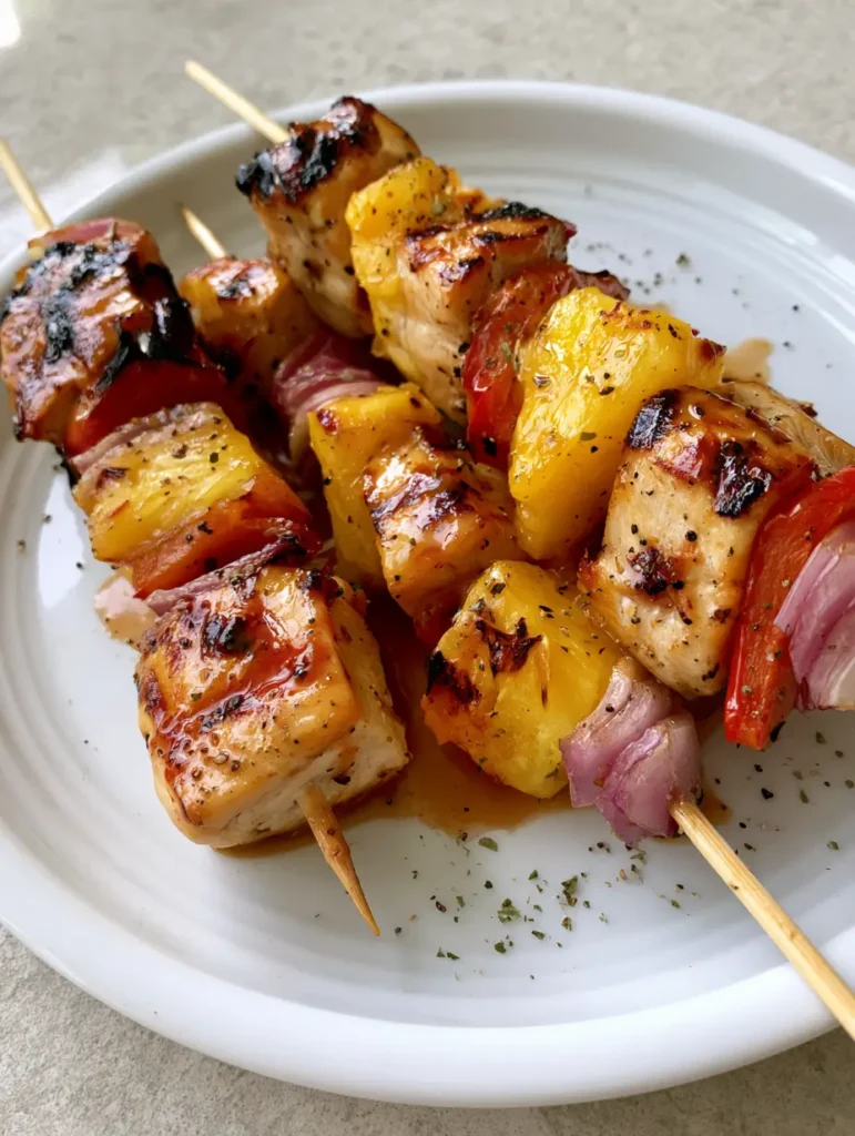 Pineapple Chicken Kabobs: The Ultimate Grilled Summer Meal 1 High-angle view of three Pineapple Chicken Kabobs seasoned with dried herbs and cracked black pepper on a neutral stone countertop.
