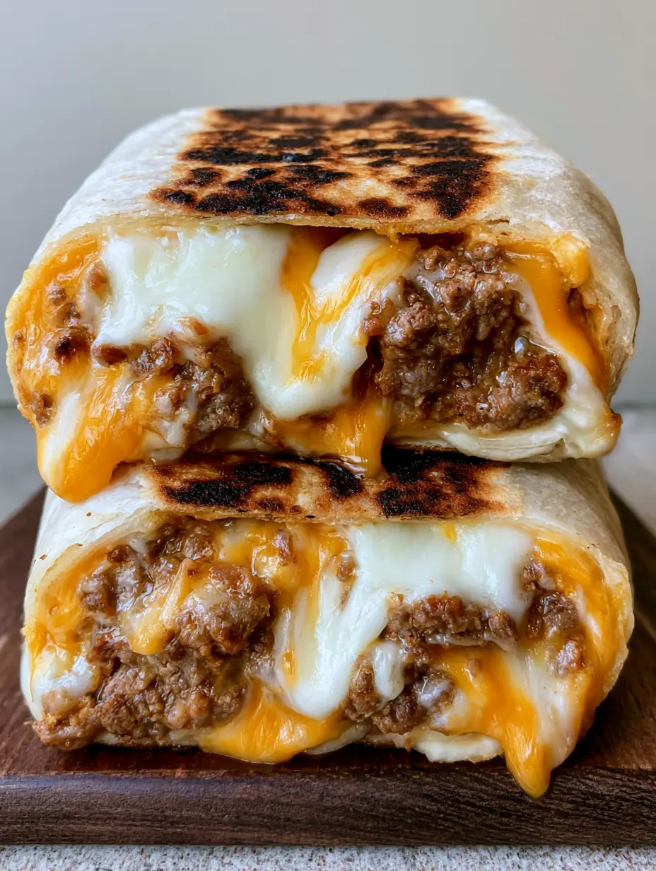 Grilled Cheese Burrito: The Ultimate Cheesy Taco Bell Copycat 4 A stacked view of a sliced Grilled Cheese Burrito featuring a seared tortilla and dripping melted cheese.