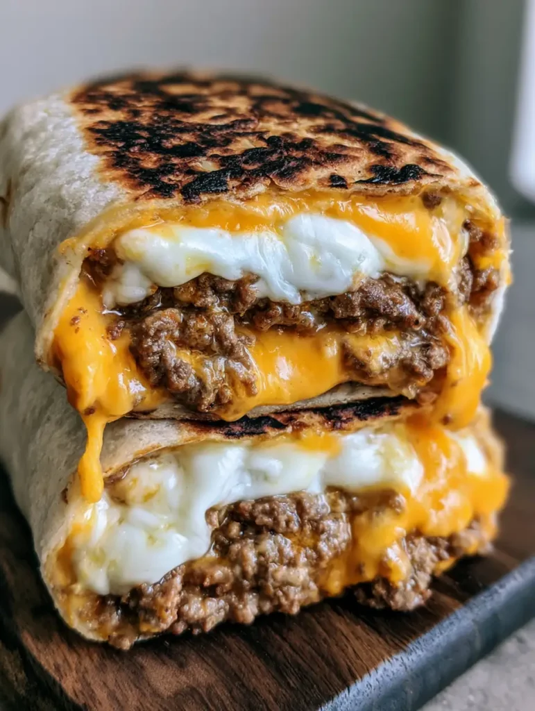 Grilled Cheese Burrito: The Ultimate Cheesy Taco Bell Copycat 1 Close-up of the toasted flour tortilla exterior of a Grilled Cheese Burrito on a dark wood background.