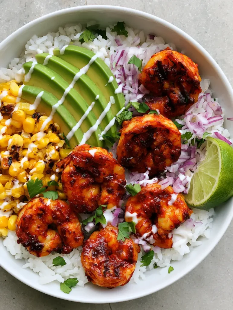 A overhead view of the assembled Grilled Shrimp Bowl on a stone countertop with natural lighting.