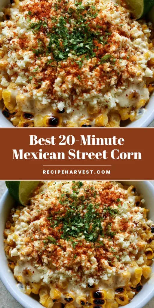Mexican Street Corn Recipe: The Ultimate Creamy Pan-Seared Elotes 4 A vertical pin image showing a top-down view of the Mexican Street Corn Recipe in a white bowl with charred corn, cotija, and cilantro. (Mexican Street Corn Recipe)