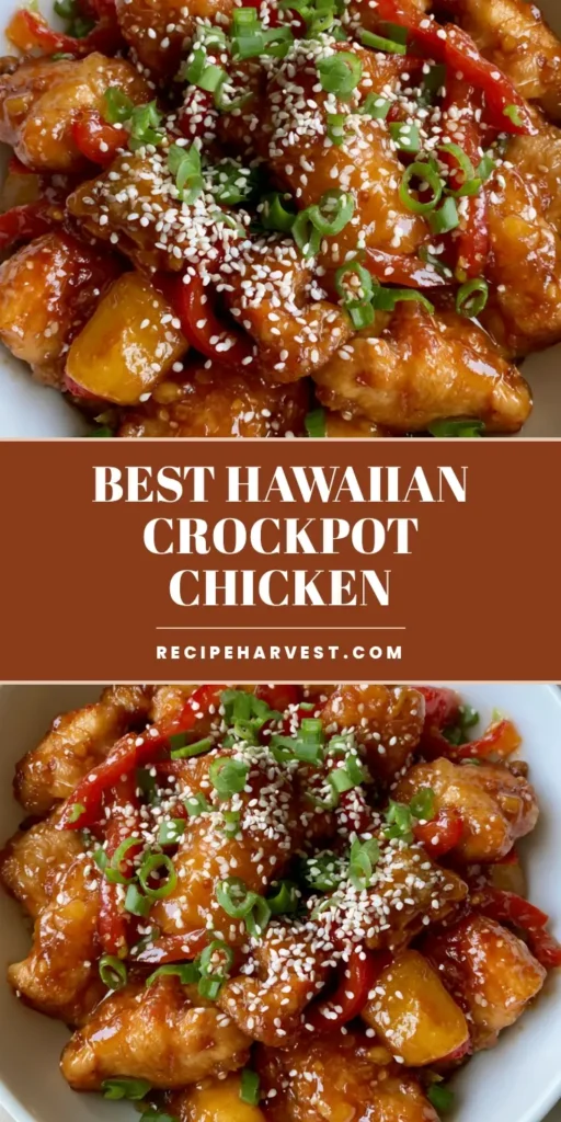 Sweet Hawaiian Crockpot Chicken with a Glossy Amber Glaze 3 A close-up vertical shot of Sweet Hawaiian Crockpot Chicken featuring tender chicken breast, red peppers, and pineapple in a thick amber glaze, topped with sesame seeds.