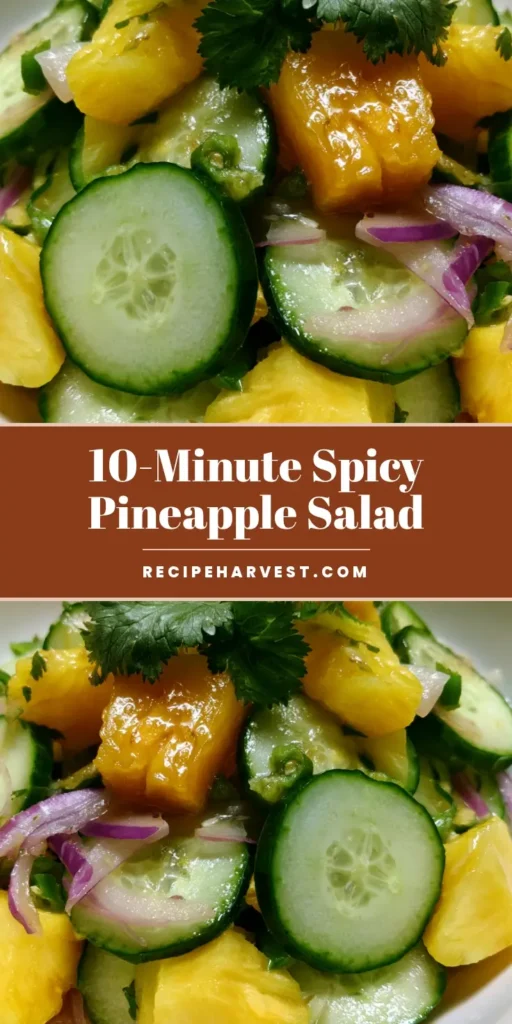 A tall Pinterest pin image showing a white bowl of Pineapple Cucumber Salad with juicy pineapple chunks, green cucumber slices, and red onion slivers.
