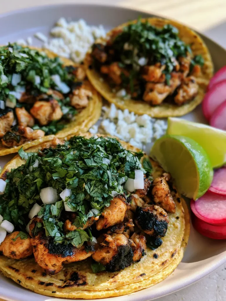 Close up of three chicken street tacos featuring charred corn tortillas and seared chicken pieces.