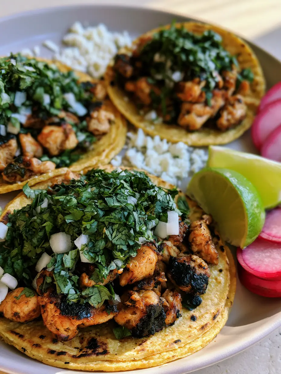 Chicken Street Tacos with Seared Lime Chicken and Cotija 4 Close up of three chicken street tacos featuring charred corn tortillas and seared chicken pieces.