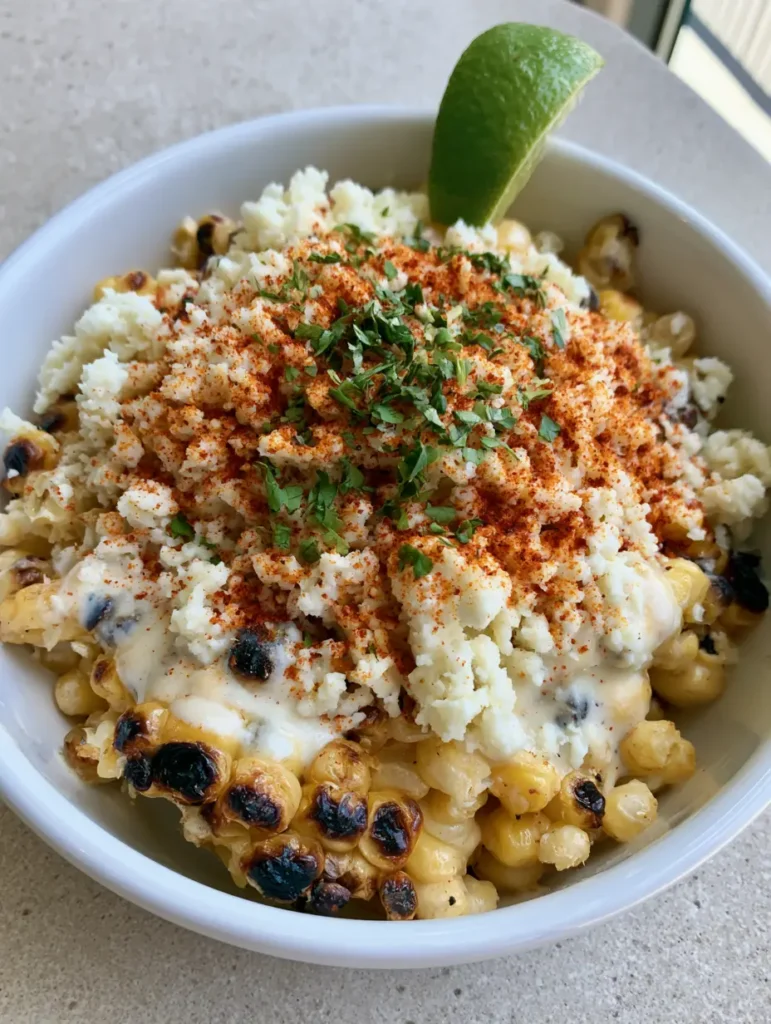 Close-up shot of charred sweet corn kernels with thick white crema and red chili powder. (Mexican Street Corn Recipe)