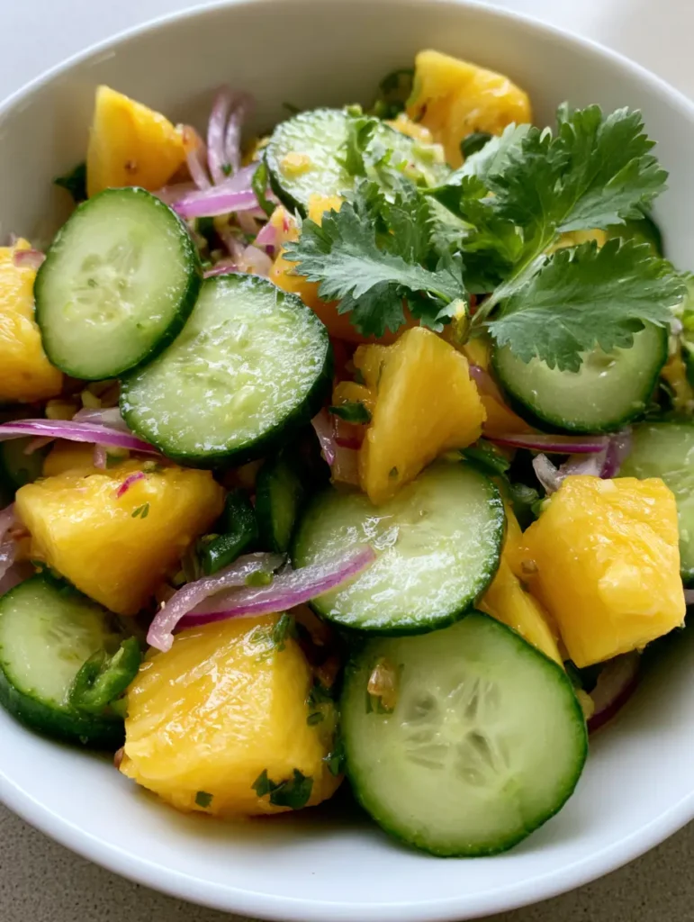 Close-up handheld photo of Pineapple Cucumber Salad in a white bowl featuring glistening lime juice dressing and fresh cilantro sprigs.