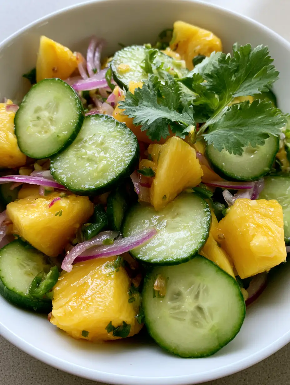 Close-up handheld photo of Pineapple Cucumber Salad in a white bowl featuring glistening lime juice dressing and fresh cilantro sprigs.