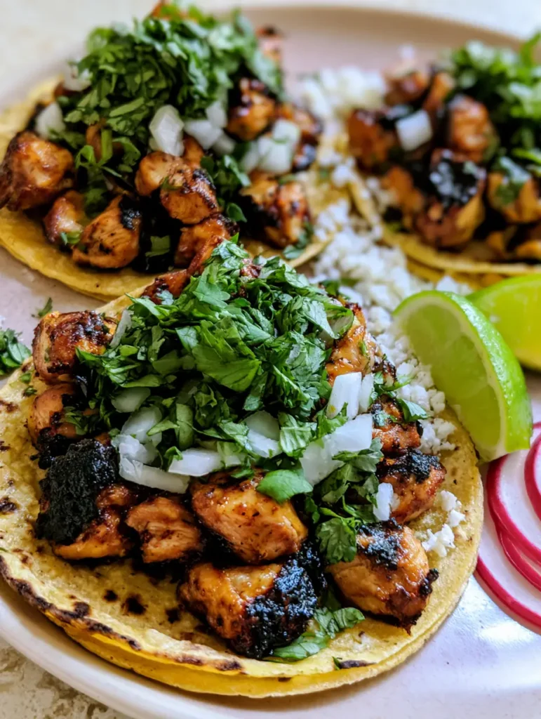 Chicken Street Tacos with Seared Lime Chicken and Cotija 1 A top-down view of Chicken Street Tacos garnished with radish slices and lime wedges on a simple plate.