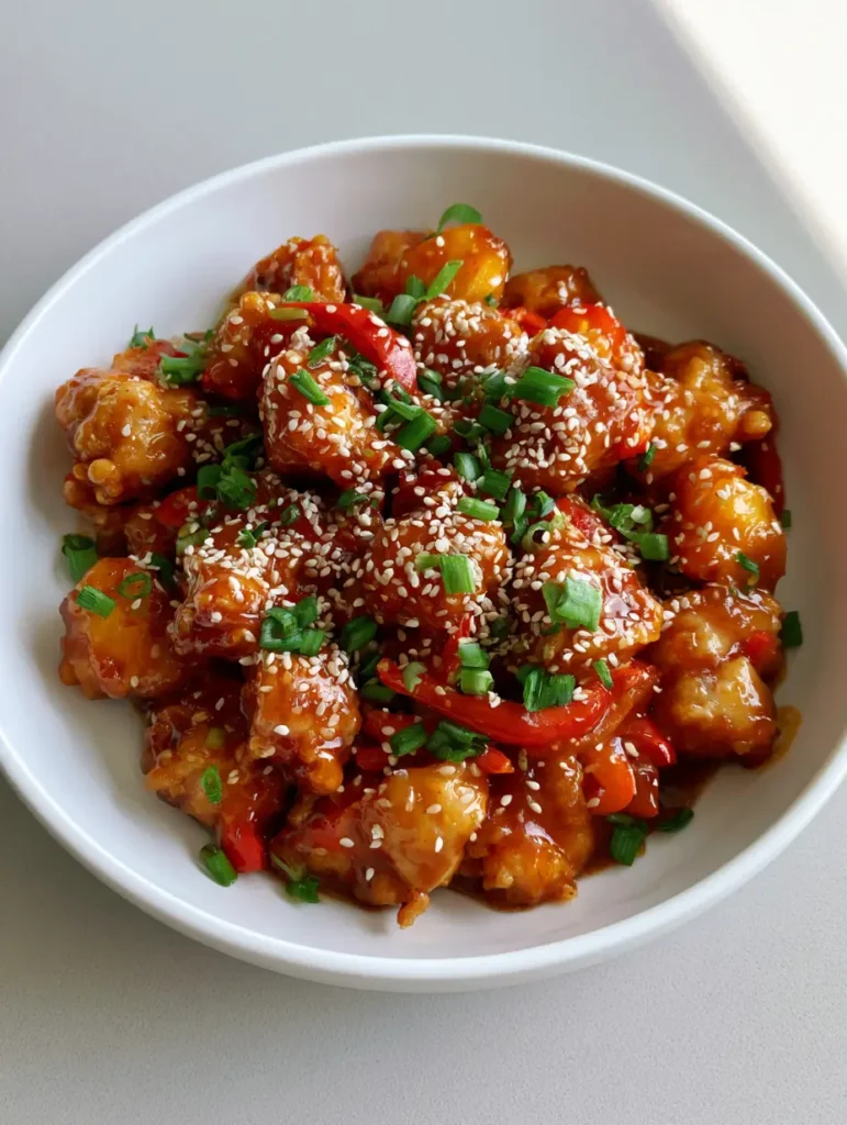 Sweet Hawaiian Crockpot Chicken with a Glossy Amber Glaze 1 Sweet Hawaiian Crockpot Chicken served in a shallow white ceramic bowl with visible red peppers and toasted sesame seeds.