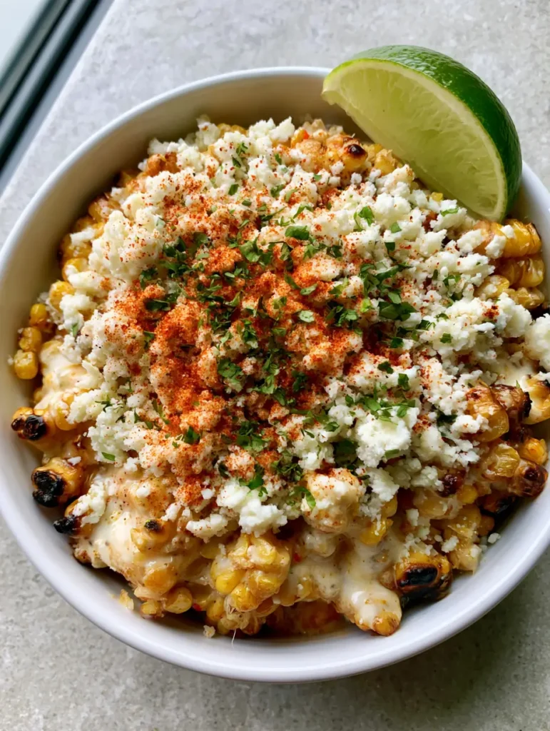 Mexican Street Corn Recipe: The Ultimate Creamy Pan-Seared Elotes 1 Top-down view of Mexican street corn served in a white bowl on a gray stone tabletop.