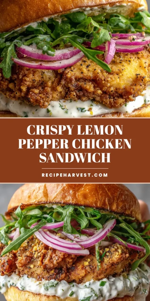 The Ultimate Lemon Pepper Chicken Sandwich with Creamy Herb Aioli 4 A close-up vertical shot of a Lemon Pepper Chicken Sandwich on a toasted brioche bun with arugula and red onions.