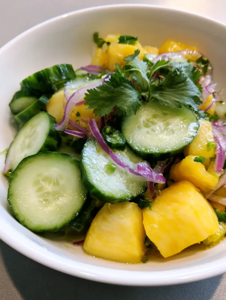 Top-down view of Pineapple Cucumber Salad highlighting the purple red onion and green jalapeno bits mixed with bright yellow pineapple.