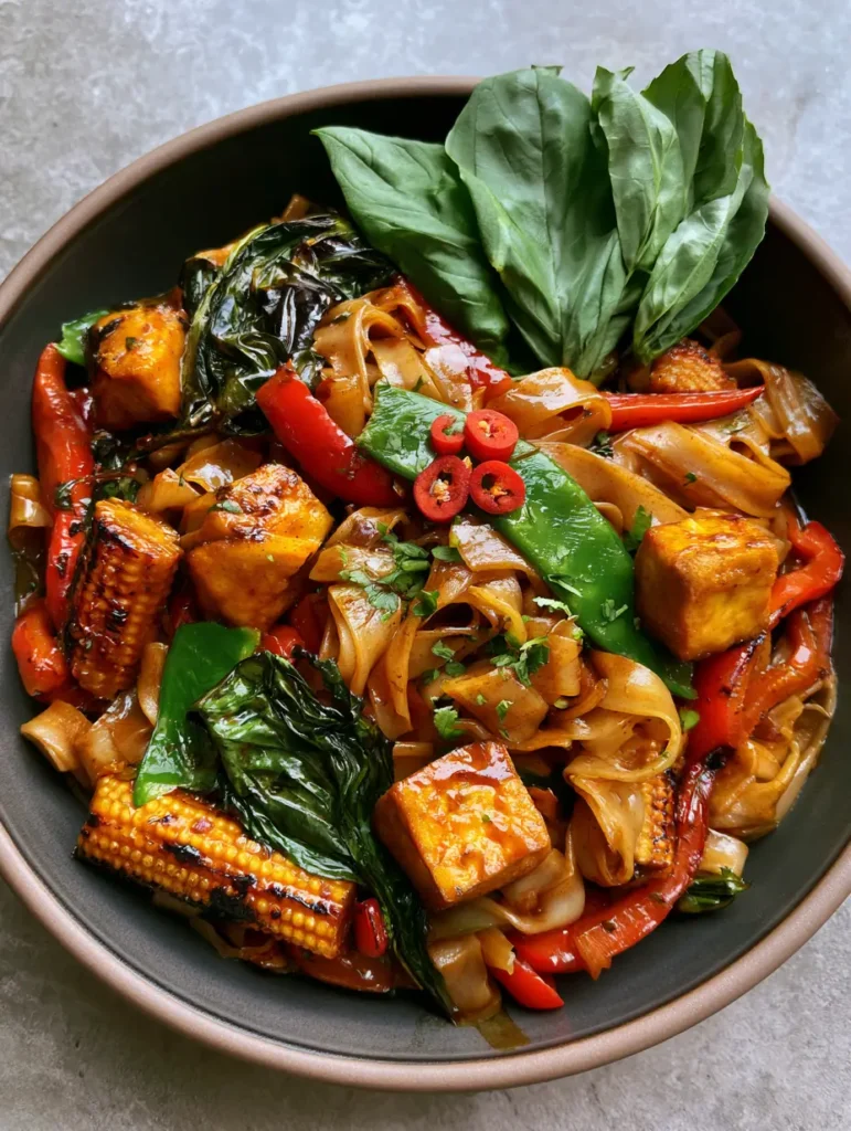 Top-down view of Vegetarian Drunken Noodles with glistening dark sauce, charred baby corn, and red bird's eye chilis.