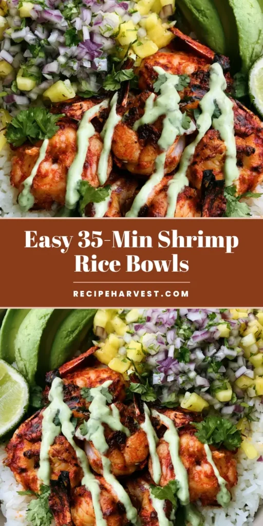 A top-down photo of a Shrimp Rice Bowl featuring seared shrimp, pineapple salsa, and avocado crema over jasmine rice.