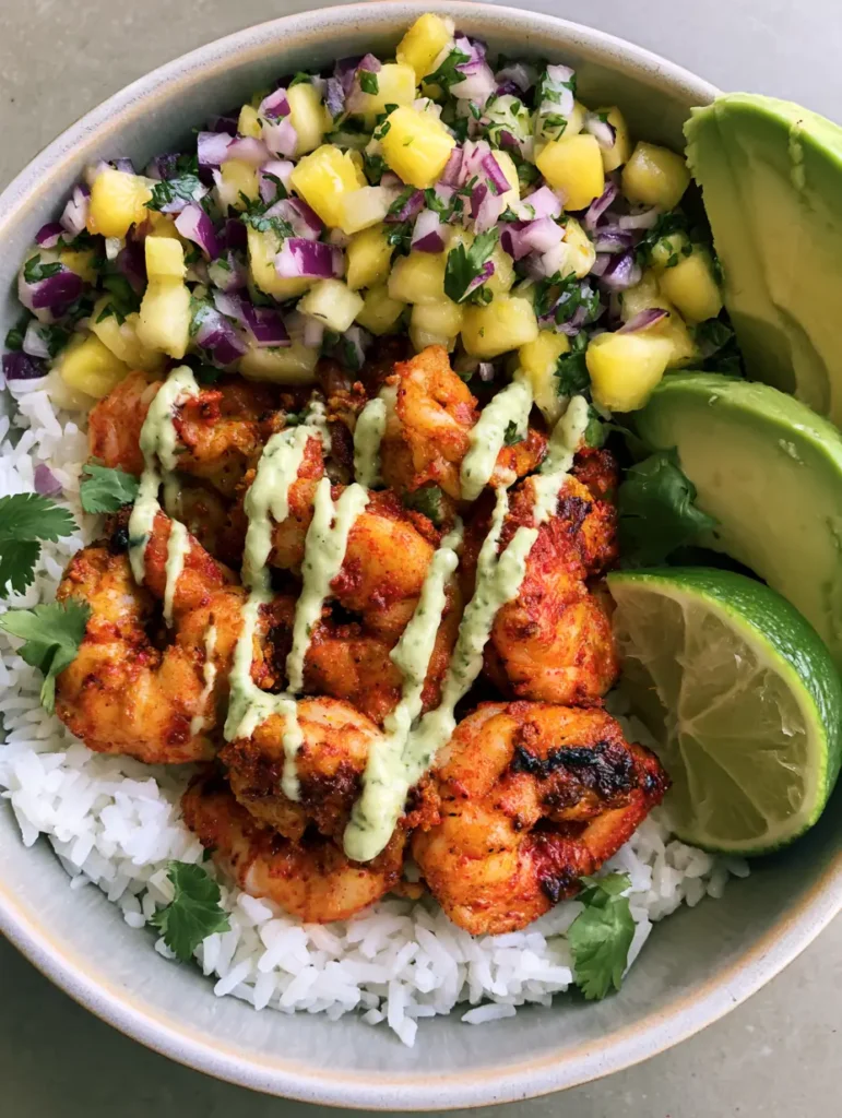 A top-down view of the assembled Shrimp Rice Bowl with pineapple salsa and avocado crema drizzle.