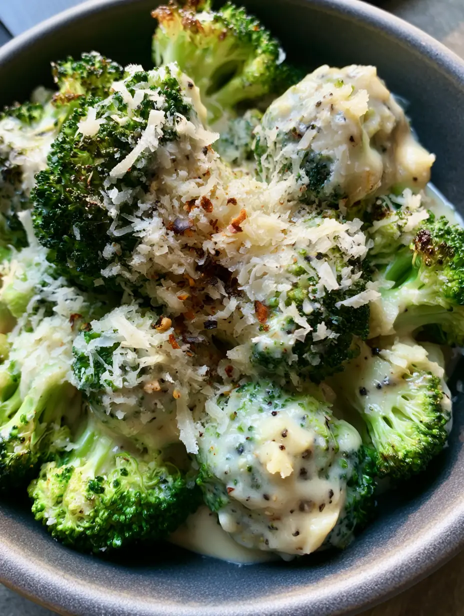 Close-up of charred broccoli florets coated in glossy white garlic cream sauce. (Creamy Garlic Parmesan Broccoli)