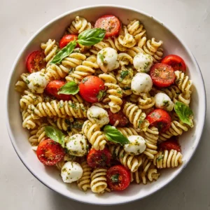 Close-up of Caprese Pasta Salad with rotini spirals and bright red halved cherry tomatoes.