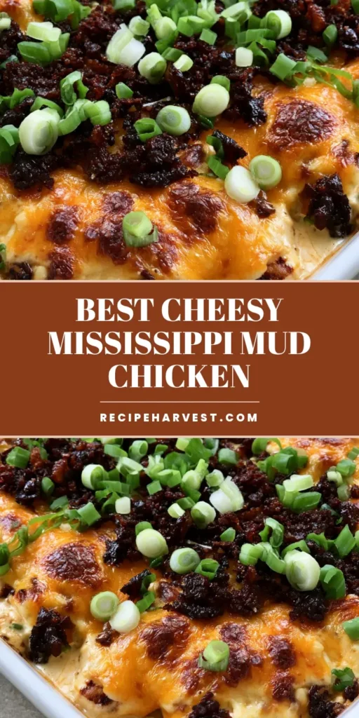 Mississippi Mud Chicken: The Ultimate Creamy Bacon and Ranch Bake 3 A close-up vertical shot of Mississippi Mud Chicken bake in a white ceramic dish featuring bubbling orange cheddar, crispy bacon bits, and sliced green onions.
