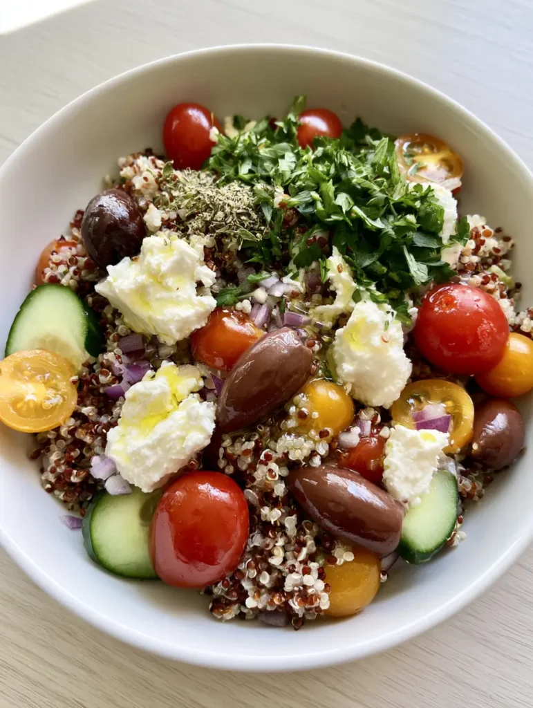 A handheld mobile photo of Mediterranean Quinoa Salad with fluffy white and red grains and colorful vegetables. (Mediterranean Quinoa Salad)
