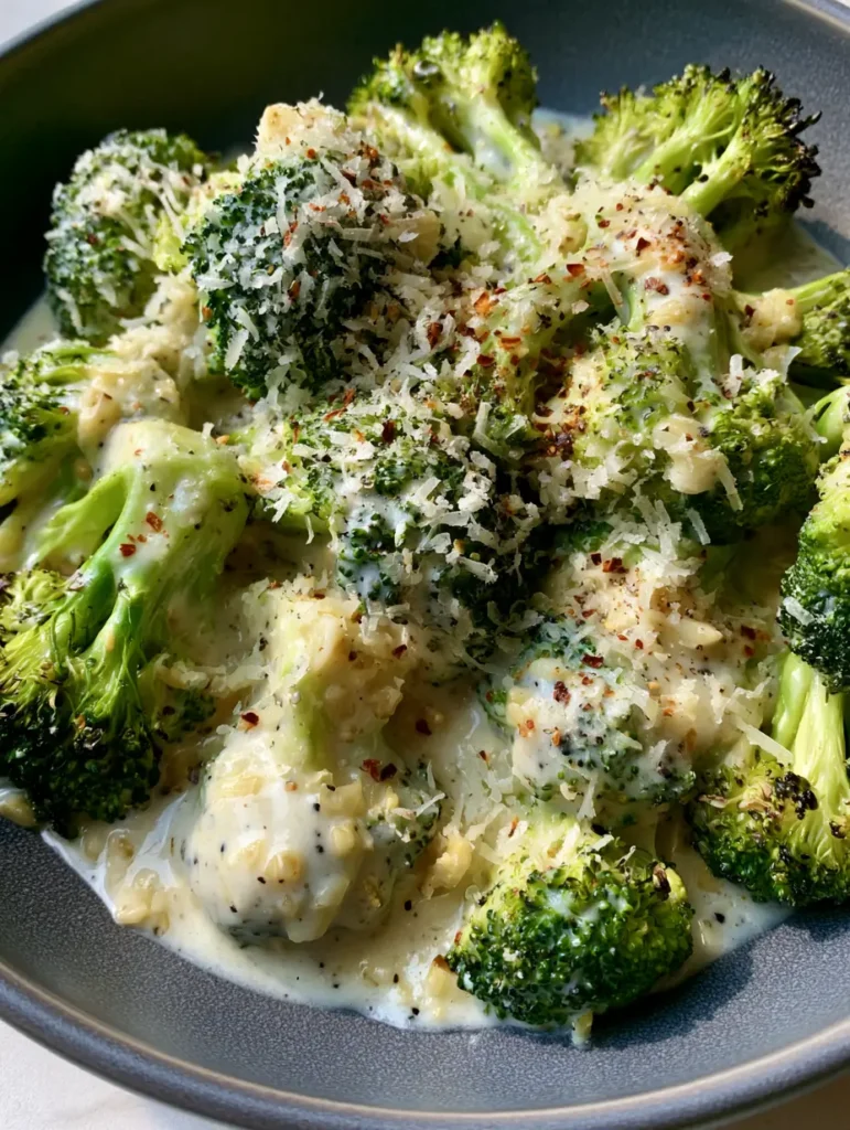 Tender-crisp broccoli florets heavily garnished with grated parmesan and red pepper flakes. (Creamy Garlic Parmesan Broccoli)