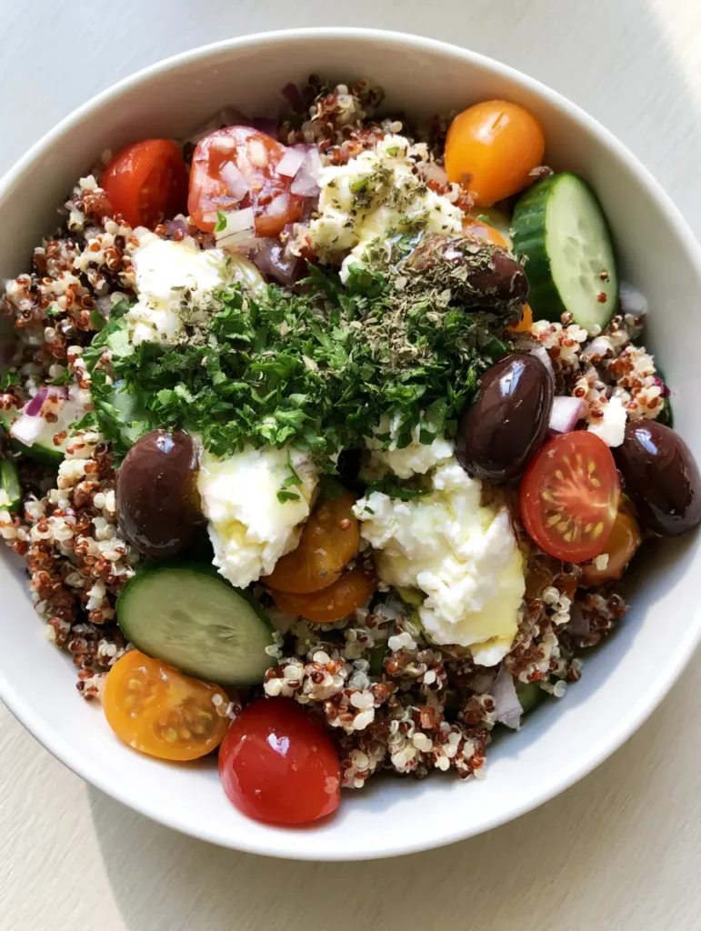 Mediterranean Quinoa Salad: The Ultimate Easy & Healthy Recipe 1 Close up shot of creamy feta crumbles and Kalamata olives on top of a Mediterranean Quinoa Salad.