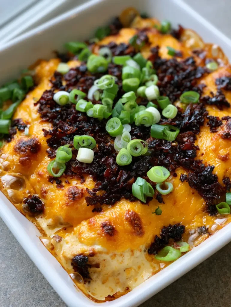 Mississippi Mud Chicken: The Ultimate Creamy Bacon and Ranch Bake 1 Mississippi Mud Chicken topped with dark crispy bacon bits and vibrant green onion rings in a rectangular baking dish.