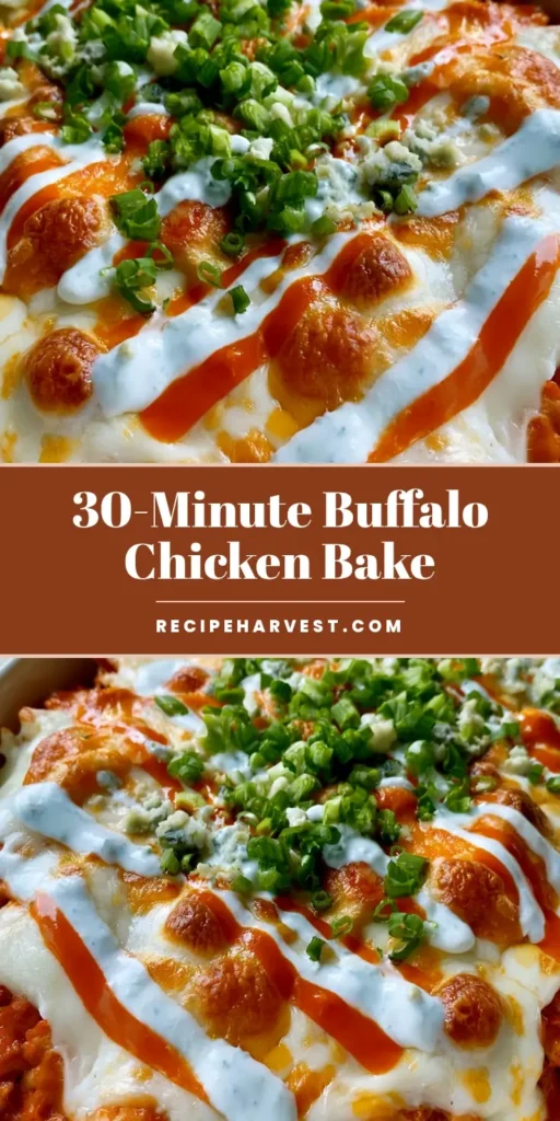 Buffalo Chicken Cheese Bake: The Ultimate Cheesy Comfort Dish 4 A close-up shot of Buffalo Chicken Cheese Bake in a white ceramic dish with bubbly cheese, ranch drizzle, and green scallions.