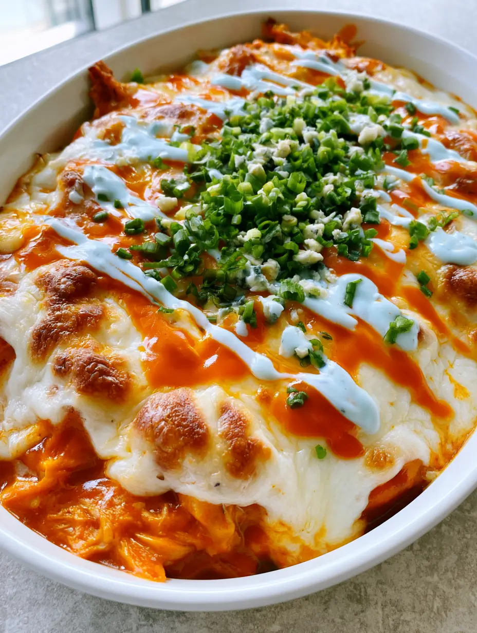 Buffalo Chicken Cheese Bake: The Ultimate Cheesy Comfort Dish 3 Handheld photo of Buffalo Chicken Cheese Bake showing toasted cheese bubbles and vibrant orange sauce.
