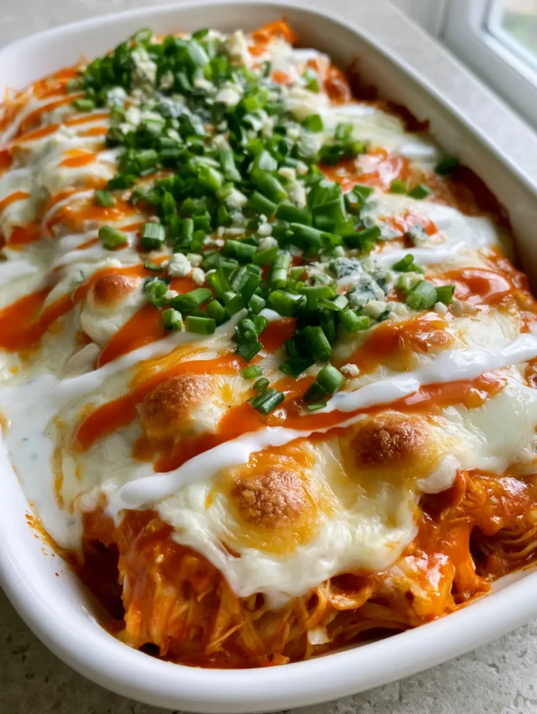 Buffalo Chicken Cheese Bake: The Ultimate Cheesy Comfort Dish 1 Close-up of shredded buffalo chicken topped with melted mozzarella and sharp cheddar cheese.