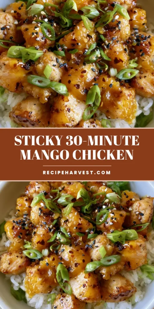 Asian Mango Glazed Chicken with Sticky Jasmine Rice 4 A high-angle photo of a bowl of Asian Mango Glazed Chicken with glossy orange sauce, green scallions, and sesame seeds over white jasmine rice.