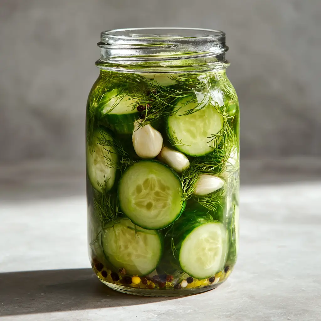 Detailed view of cucumber rounds, peppercorns, and mustard seeds in a jar of Refrigerator Pickles.
