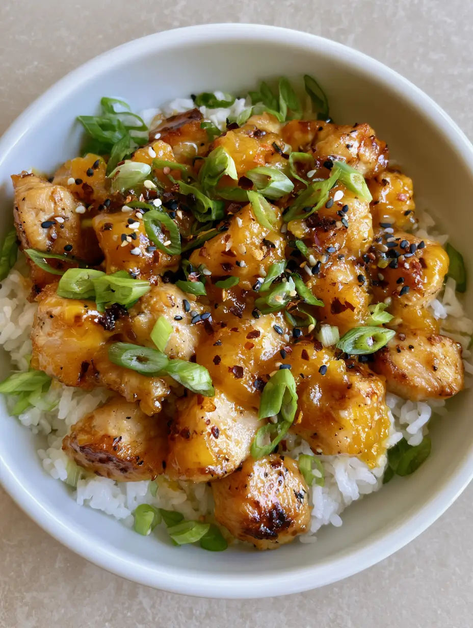 Asian Mango Glazed Chicken with Sticky Jasmine Rice 3 Close up shot of seared golden-brown chicken cubes heavily coated in a thick, translucent orange mango glaze. (Asian Mango Glazed Chicken)