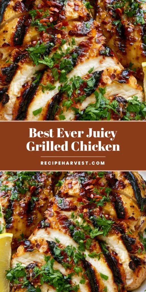 Grilled Chicken Marinade: The Secret to Juicy, Caramelized Perfection 3 A top-down view of a white ceramic plate featuring sliced grilled chicken with dark diagonal char marks, heavy fresh parsley garnish, and red pepper flakes. (Grilled Chicken Marinade)
