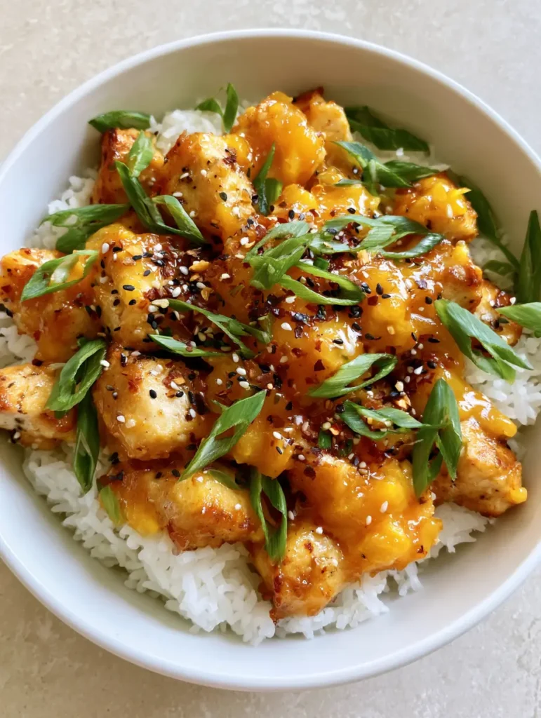 Asian Mango Glazed Chicken with Sticky Jasmine Rice 1 Handheld photo of a white ceramic bowl filled with jasmine rice and mango chicken, garnished with scallions and red pepper flakes.
