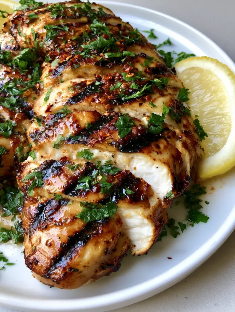 Close-up of sliced grilled chicken breast showing the bright white moist interior and caramelized exterior. (Grilled Chicken Marinade)