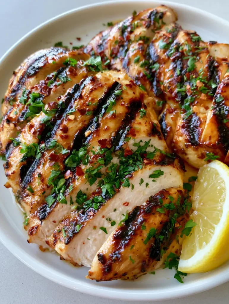 Grilled Chicken Marinade: The Secret to Juicy, Caramelized Perfection 1 Grilled chicken breast on a white plate with lemon wedge, parsley, and red pepper flakes.