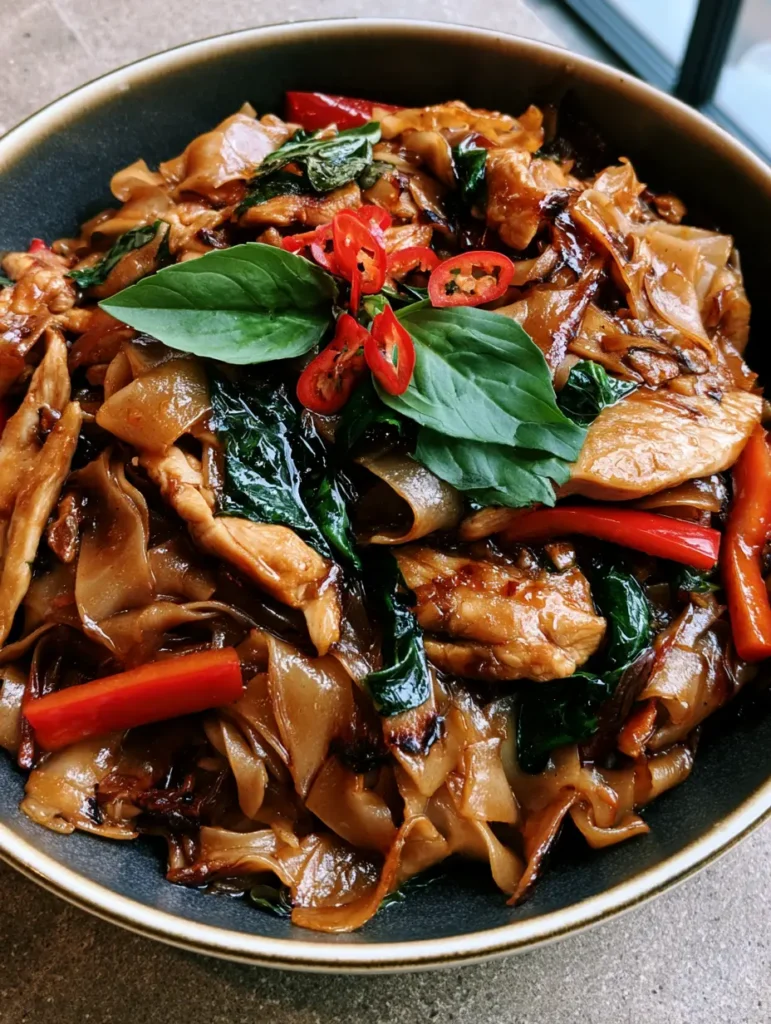 Overhead handheld photo of Pad Kee Mao showing thick glossy mahogany sauce and sliced red bird's eye chilies on a neutral stone countertop.