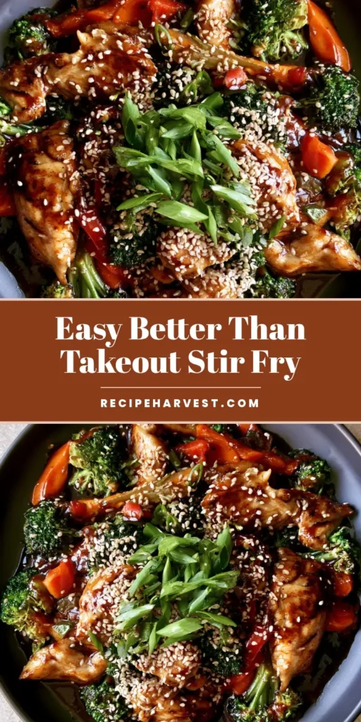 Chicken and Vegetable Stir Fry with Glossy Mahogany Sauce 4 A close-up of Chicken and Vegetable Stir Fry with seared chicken, broccoli, and carrots in a glossy dark sauce topped with sesame seeds.