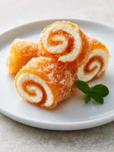 Handheld smartphone photo of a cluster of orange creamsicle jello rollups on a plain white ceramic plate with visible sugar crystals.
