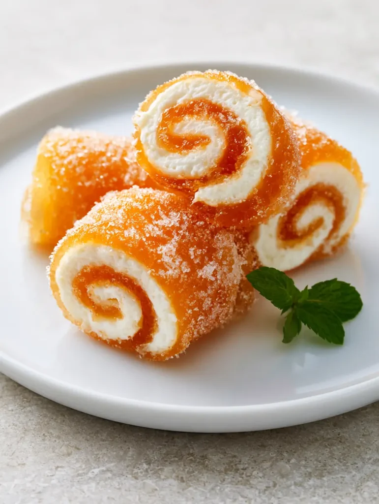 Handheld smartphone photo of a cluster of orange creamsicle jello rollups on a plain white ceramic plate with visible sugar crystals.