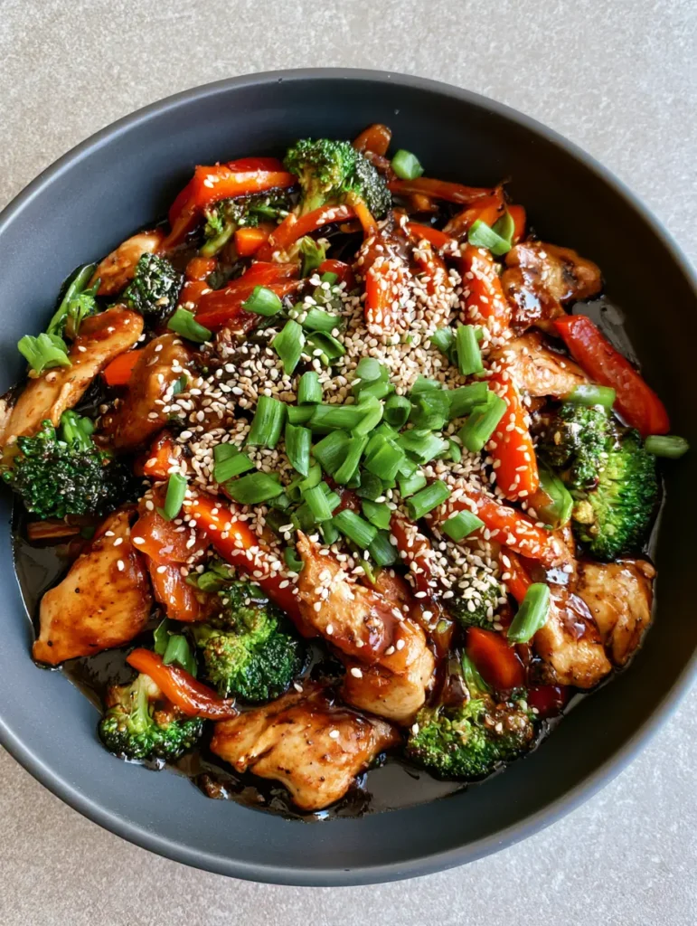Chicken and Vegetable Stir Fry with Glossy Mahogany Sauce 2 Overhead shot of seared chicken breast pieces and charred broccoli in a dark savory stir fry sauce.
