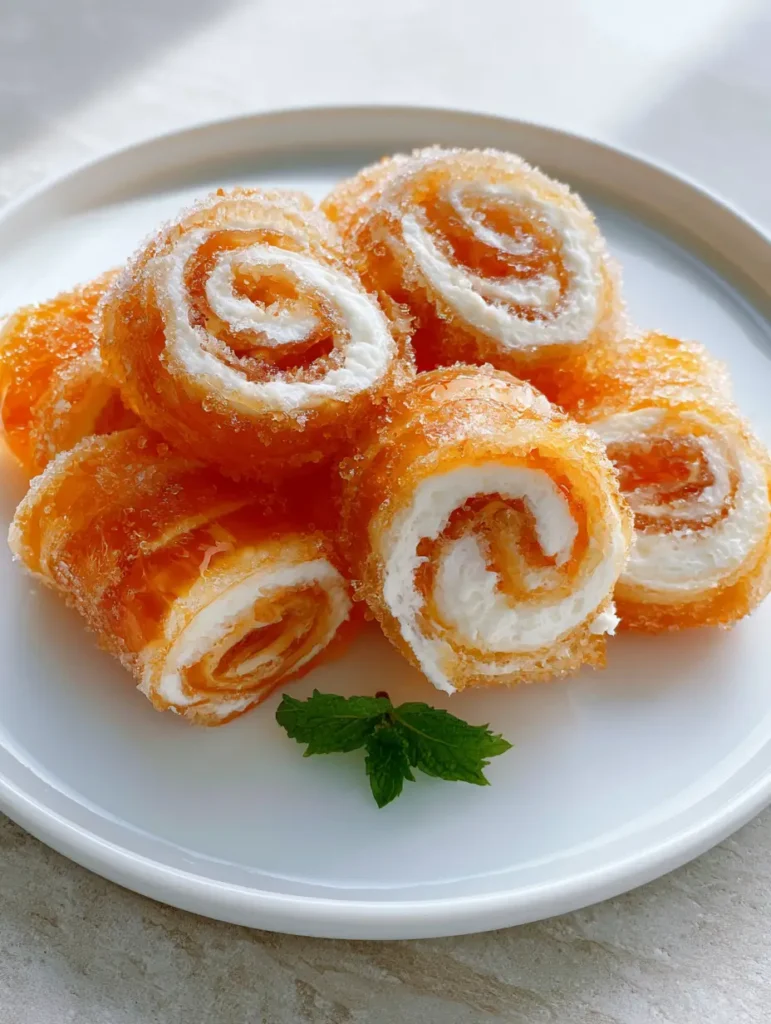 Creamsicle Vodka Jello Rollups: The Ultimate Boozy Party Treat 1 Detailed side view of Creamsicle Vodka Jello Rollups showcasing the translucent orange and opaque white layers.