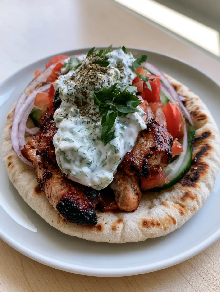 Close-up of Greek Chicken Gyros showing the juicy seared texture of the marinated chicken and thick tzatziki sauce.