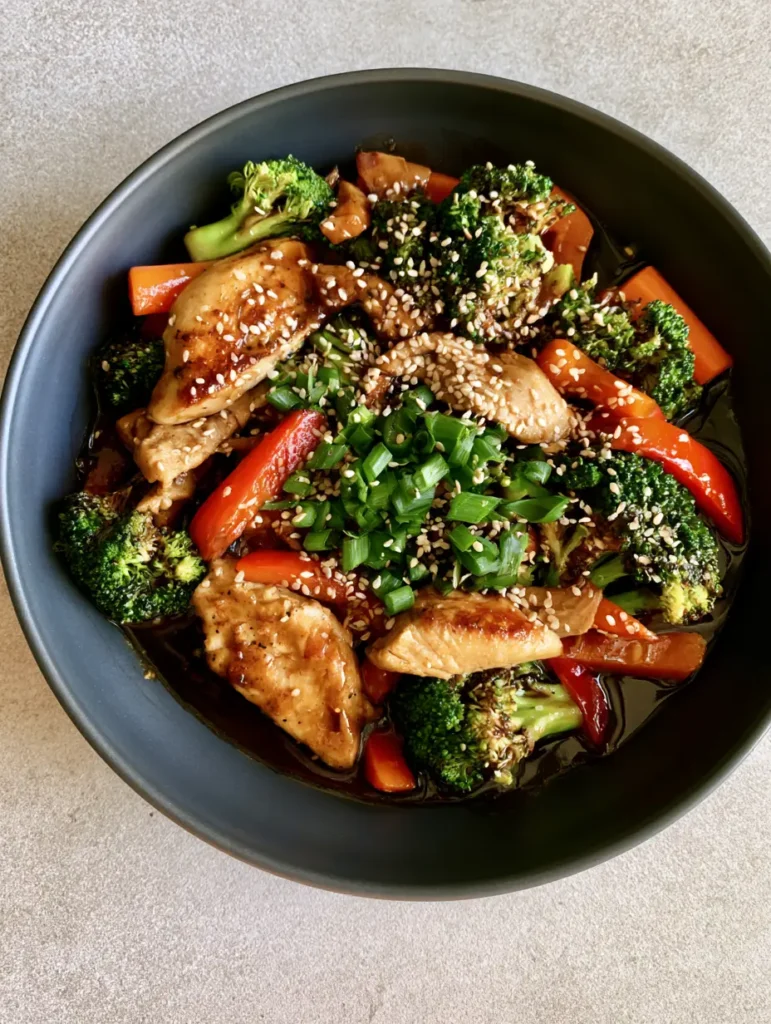 Chicken and Vegetable Stir Fry with Glossy Mahogany Sauce 1 Close up of glossy mahogany sauce coating orange carrots and red bell peppers in a chicken stir fry.