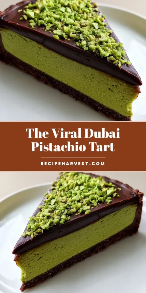 Dubai Chocolate Pistachio Tart: The Ultimate Viral Decadence 3 A close-up vertical shot of the Dubai Chocolate Pistachio Tart showing the dark cocoa crust, green pistachio layer, and glossy chocolate top.