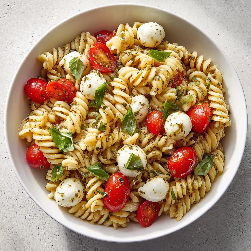 Caprese Pasta Salad in a white ceramic bowl showing fresh basil leaves and translucent herb dressing.
