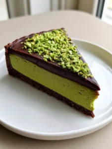 A single slice of a layered Dubai Chocolate Pistachio Tart resting on a white ceramic plate with a dark cocoa crust and vibrant green filling.