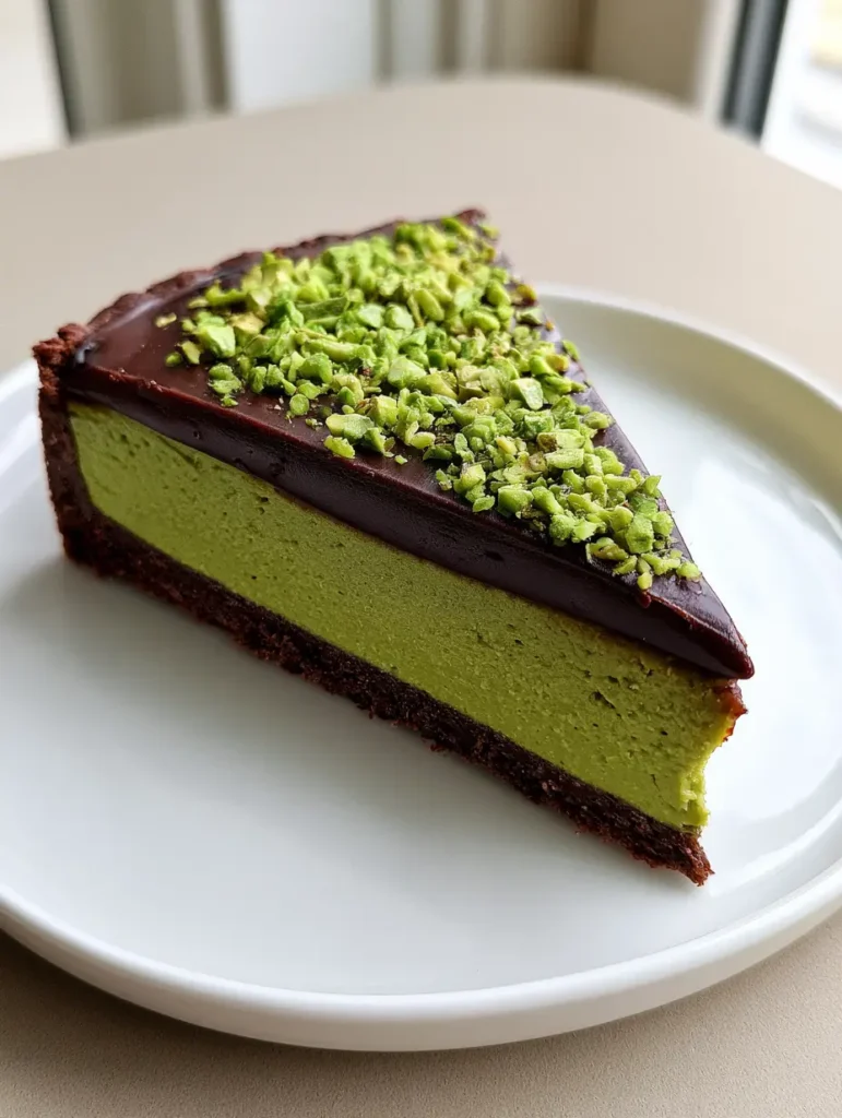 A single slice of a layered Dubai Chocolate Pistachio Tart resting on a white ceramic plate with a dark cocoa crust and vibrant green filling.