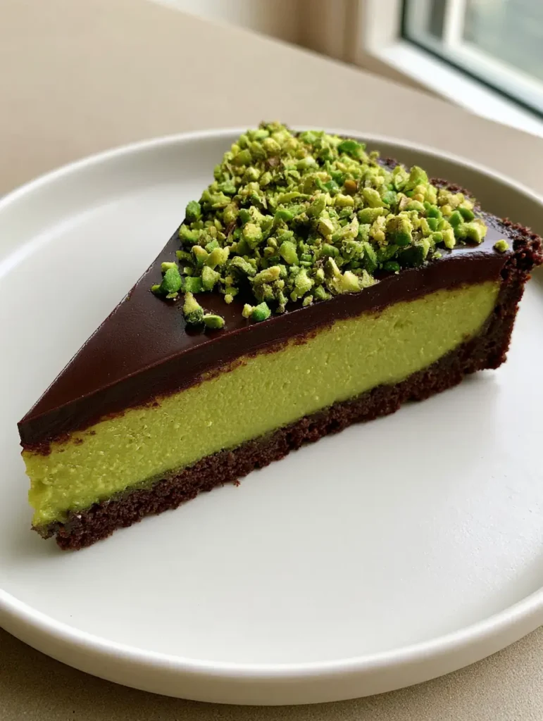 Dubai Chocolate Pistachio Tart: The Ultimate Viral Decadence 1 Top-down view of the Dubai Chocolate Pistachio Tart showcasing the glossy ganache and chopped toasted pistachios.